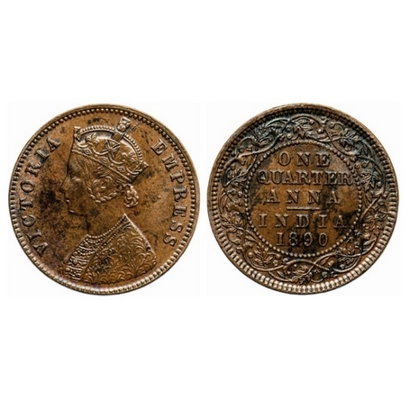 Victoria Empress, Copper, Quarter Anna, 1890, Calcutta Mint, B/II, no mint mark, Ghost on 