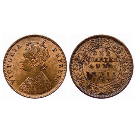 Victoria Empress, Copper, Quarter Anna, 1892, Calcutta Mint, B/II, no mint mark. GK 851. U