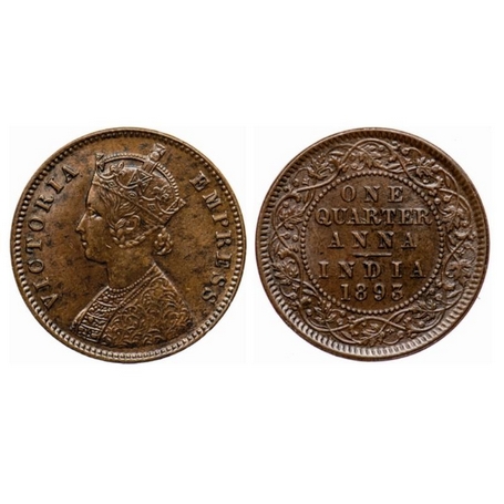 Victoria Empress, Copper, Quarter Anna, 1893, Calcutta Mint, B/II, no mint mark. GK 852. A