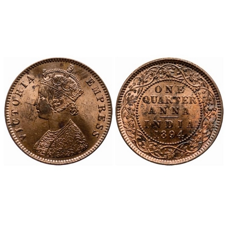 Victoria Empress, Copper, Quarter Anna, 1894, Calcutta Mint, B/II, no mint mark. GK 853. U