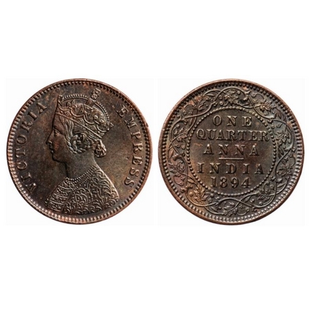 Victoria Empress, Copper, Quarter Anna, 1894, Calcutta Mint, B/II, no mint mark on GK 853.