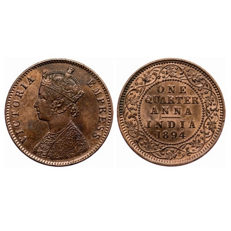 Victoria Empress, Copper, Quarter Anna, 1894, Calcutta Mint, B/II, no mint mark, Ghost on 