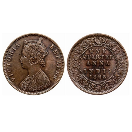 Victoria Empress, Copper, Quarter Anna, 1895, Calcutta Mint, B/II, no mint mark. GK 854. E