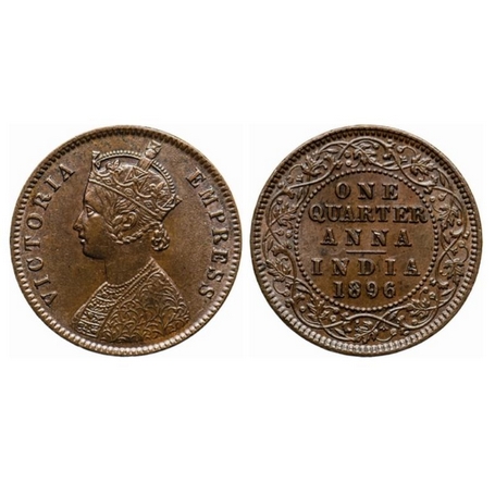 Victoria Empress, Copper, Quarter Anna, 1896, Calcutta Mint, B/II, no mint mark. GK 855. E