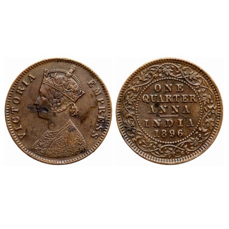 Victoria Empress, Copper, Quarter Anna, 1896, Calcutta Mint, B/II, no mint mark. GK 855. V