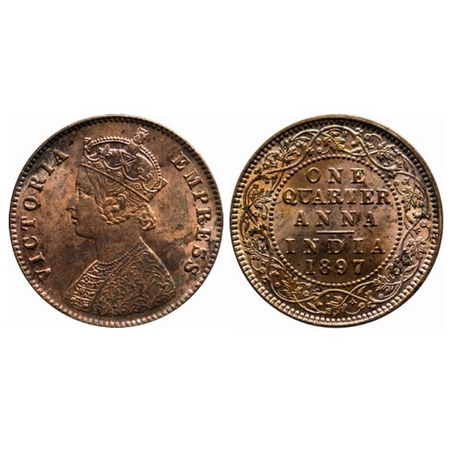 Victoria Empress, Copper, Quarter Anna, 1897, Calcutta Mint, B/II, no mint mark. GK 856. U