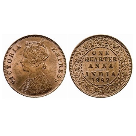 Victoria Empress, Copper, Quarter Anna, 1897, Calcutta Mint, B/II, no mint mark. GK 856. A