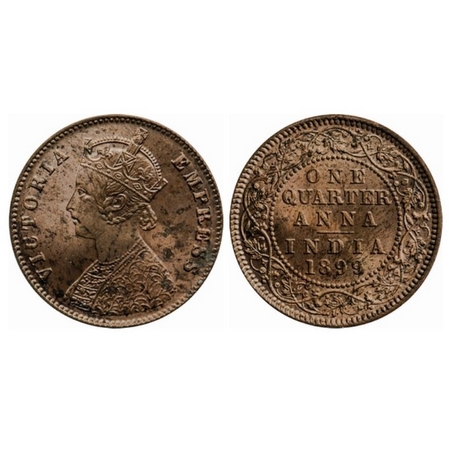 Victoria Empress, Copper, Quarter Anna, 1899, Calcutta Mint, A/I, No mint mark. Gk 879. Un