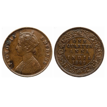 Victoria Empress, Copper, Quarter Anna, 1899, Calcutta Mint, B/II, no mint mark. GK 858. V