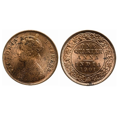 Victoria Empress, Copper, Quarter Anna, 1901, Calcutta Mint, B/II, no mint mark. Ghost on 