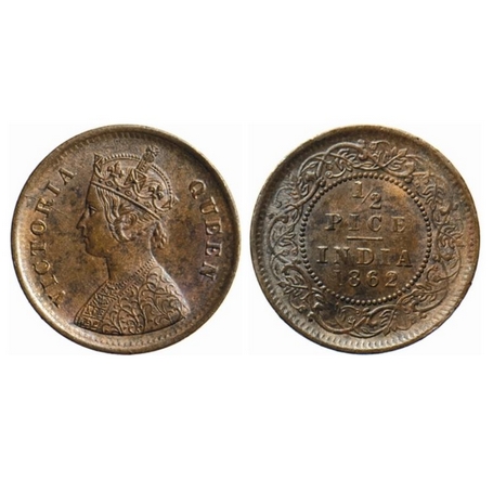 Victoria Queen, Copper, ½ Pice, 1862, Calcutta Mint, A/I, Die crack on Obv. GK 401. Almost
