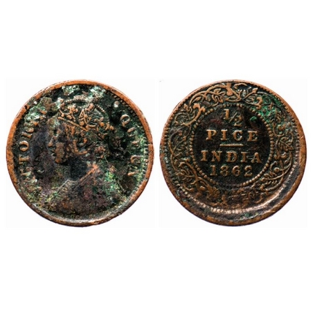 Victoria Queen, Copper, ½ Pice, 1862, Calcutta Mint, A/I, non alligned die, Error. GK 401.