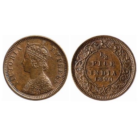 Victoria Empress, Copper, ½ Pice, 1890, Calcutta Mint, A/I, No mint mark, Ghost on Rev. GK