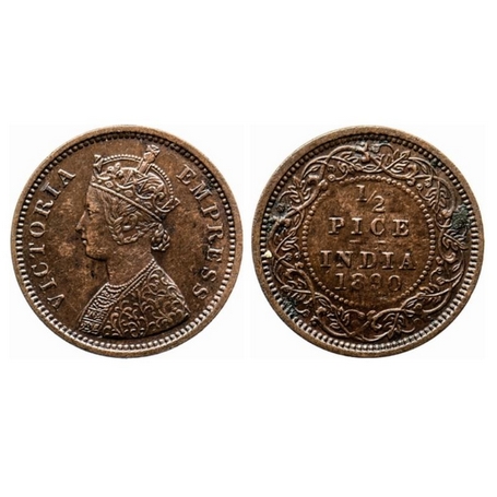 Victoria Empress, Copper, ½ Pice, 1890, Calcutta Mint, A/I, no mint mark. GK 870. About Ex