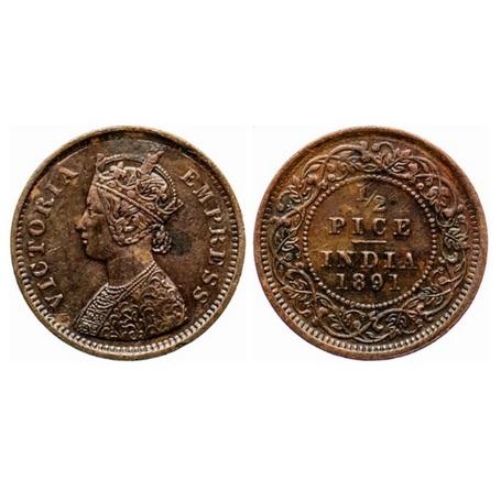 Victoria Empress, Copper, ½ Pice, 1891, Calcutta Mint, A/I, no mint mark. GK 871. Very Fin
