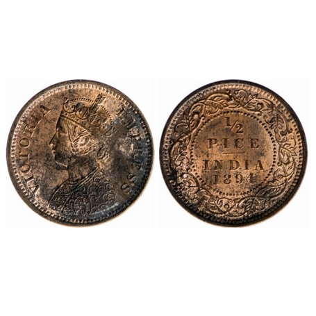 Victoria Empress, Copper, ½ Pice, 1894, Calcutta Mint, A/I, No mint mark. GK 874. Uncircul