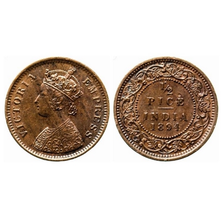 Victoria Empress, Copper, ½ Pice, 1894, Calcutta Mint, A/I, no mint mark, Ghost on reverse