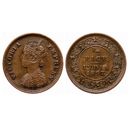 Victoria Empress, Copper, ½ Pice, 1897, Calcutta Mint, A/I, no mint mark, Ghost on reverse