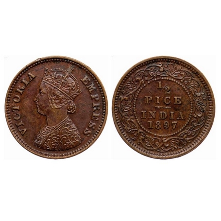 Victoria Empress, Copper, ½ Pice, 1897, Calcutta Mint, A/I, no mint mark. GK 877. Extremel
