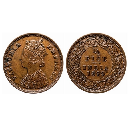 Victoria Empress, Copper, ½ Pice, 1899, Calcutta Mint, A/I, no mint mark. GK 879. Extremel