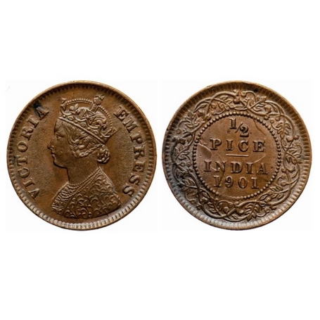 Victoria Empress, Copper, ½ Pice, 1901, Calcutta Mint, A/I, no mint mark, Ghost on reverse