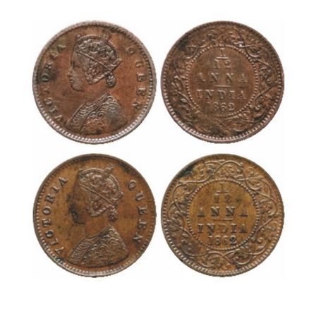 Victoria Queen, Copper, 1/12 Anna (2 Coins), 1862, Madras Mint A/I & Calcutta Mint A/I. GK