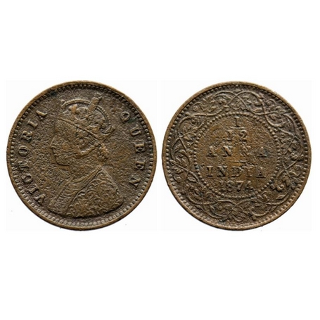 Victoria Queen, Copper, 1/12 Anna, 1874, Calcutta Mint, Obv A, No mint mark.GK 882. Fine, 