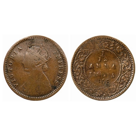 Victoria Empress, Copper, 1/12 Anna, 1878, Calcutta Mint, Obv. B, no mint mark. GK 891. Fi