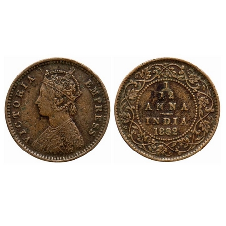 Victoria Empress, Copper, 1/12 Anna, 1882, Calcutta Mint, Obv. B, 'C' incused. GK 893. Ver