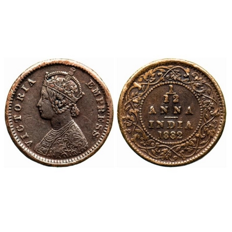 Victoria Empress, Copper, 1/12 Anna, 1882, Calcutta Mint, Obv. B, 'C' incused. GK 893. Ver