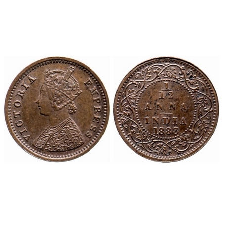 Victoria Empress, Copper, 1/12 Anna, 1883, Bombay Mint, Obv: A, no mint mark. GK 895. Extr