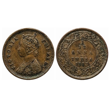 Victoria Empress, Copper, 1/12 Anna, 1883, Bombay Mint, Obv. A, No mint mark. GK 895. Extr
