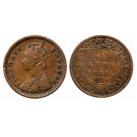 Victoria Empress, Copper, 1/12 Anna, 1884, Bombay Mint, Obv. A, no mint mark.. GK 898. Ver