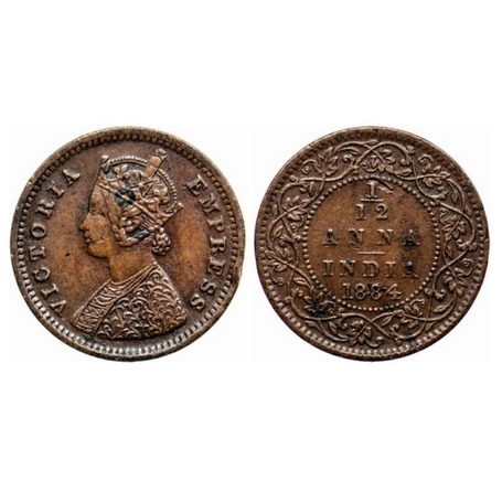 Victoria Empress, Copper, 1/12 Anna, 1884, Bombay Mint, Obv. A, no mint mark. GK 898. Very
