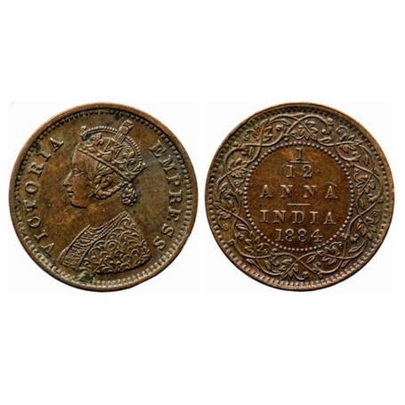 Victoria Empress, Copper, 1/12 Anna, 1884, Bomaby Mint, Obv. A, no mint mark, die crack on