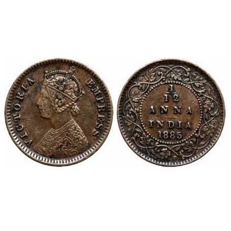 Victoria Empress, Copper, 1/12 Anna, 1885, Calcutta Mint, Obv. B, no mint mark. GK 900. Ab
