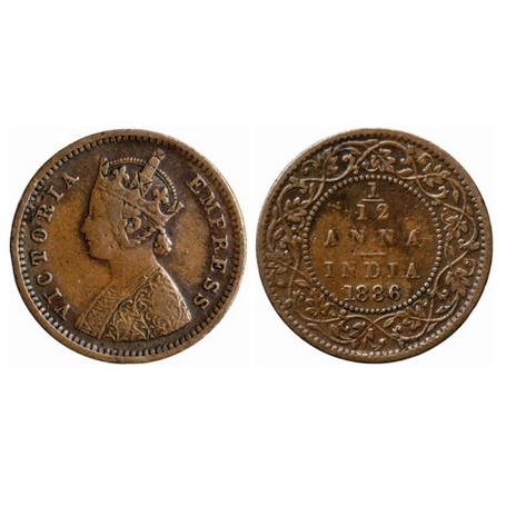 Victoria Empress, Copper, 1/12 Anna, 1886, Bombay Mint, Obv. A, no mint mark. GK 901. Very