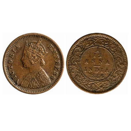 Victoria Empress, Copper, 1/12 Anna, 1886, Bombay Mint, Obv. A, No mint mark. GK 901. Abou