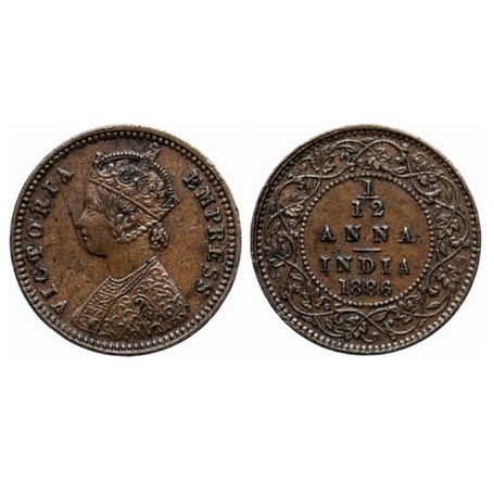 Victoria Empress, Copper, 1/12 Anna, 1886, Calcutta Mint, Obv. B, 'C' incused. GK 902. Abo