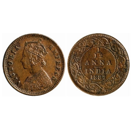 Victoria Empress, Copper, 1/12 Anna, 1887, Bombay Mint, Obv. A, No mint mark. GK 904. Abou