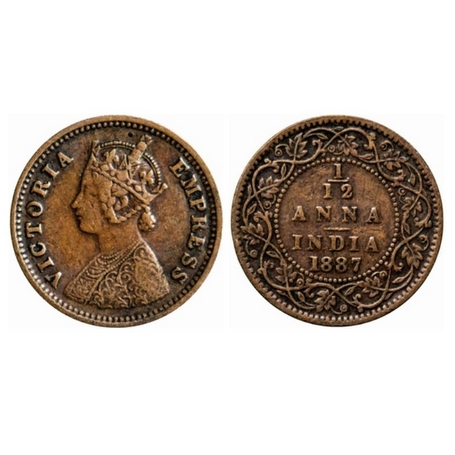 Victoria Empress, Copper, 1/12 Anna, 1887, Bombay Mint, Obv. A, no mint mark. GK 904. Very