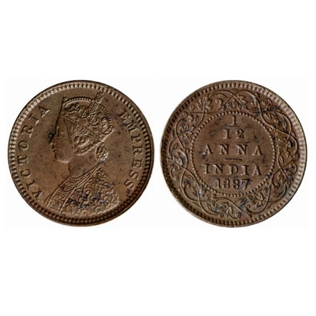 Victoria Empress, Copper, 1/12 Anna, 1887, Calcutta Mint, Obv. B, no mint mark. GK 906. Ex