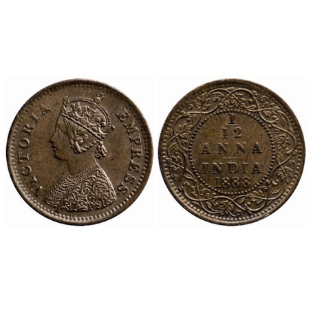 Victoria Empress, Copper, 1/12 Anna, 1888, Bombay Mint, Obv. A, No mint mark. GK 907. Abou