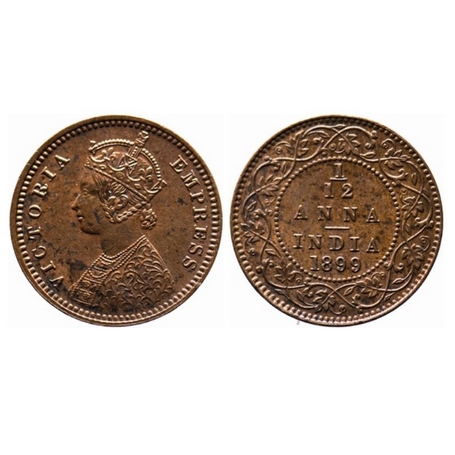 Victoria Empress, Copper, 1/12 Anna, 1899, Calcutta Mint, Obv. B, no mint mark. GK 920. Un