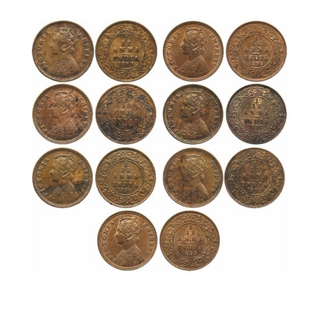 Victoria Empress, Copper, 1/12 Anna (7 Coins), 1889 (Bom) Obv. A, no mint mark, 1891 (Cal)