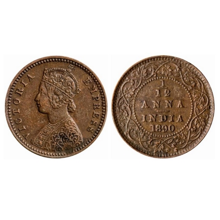 Victoria Empress, Copper, 1/12 Anna, 1890, Calcutta Mint, Obv. B, no mint mark. GK 911. Ex