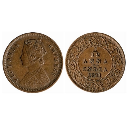 Victoria Empress, Copper, 1/12 Anna, 1891, Calcutta Mint, Obv. B, No mint mark. GK 912. Ex