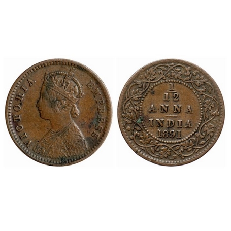 Victoria Empress, Copper, 1/12 Anna, 1891, Calcutta Mint, Obv. B, No mint mark. GK 912. Ve