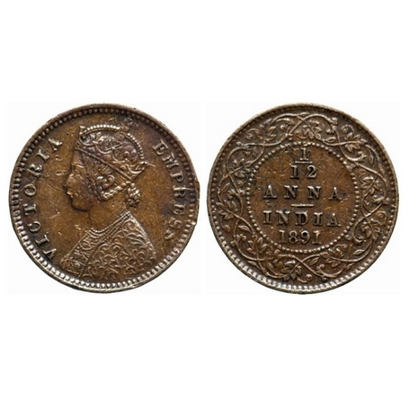 Victoria Empress, Copper, 1/12 Anna, 1891, Calcutta Mint, Obv. B, no mint mark. GK 902. Ve