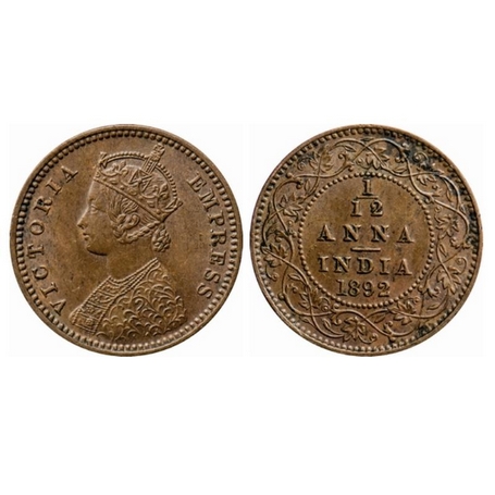 Victoria Empress, Copper, 1/12 Anna, 1892, Calcutta Mint, Obv. B, No mint mark. GK 913. Al